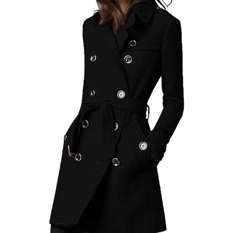 Autumn and Winter Long Woolen Women's Coat Waisted Belted Double-breasted Coat L black