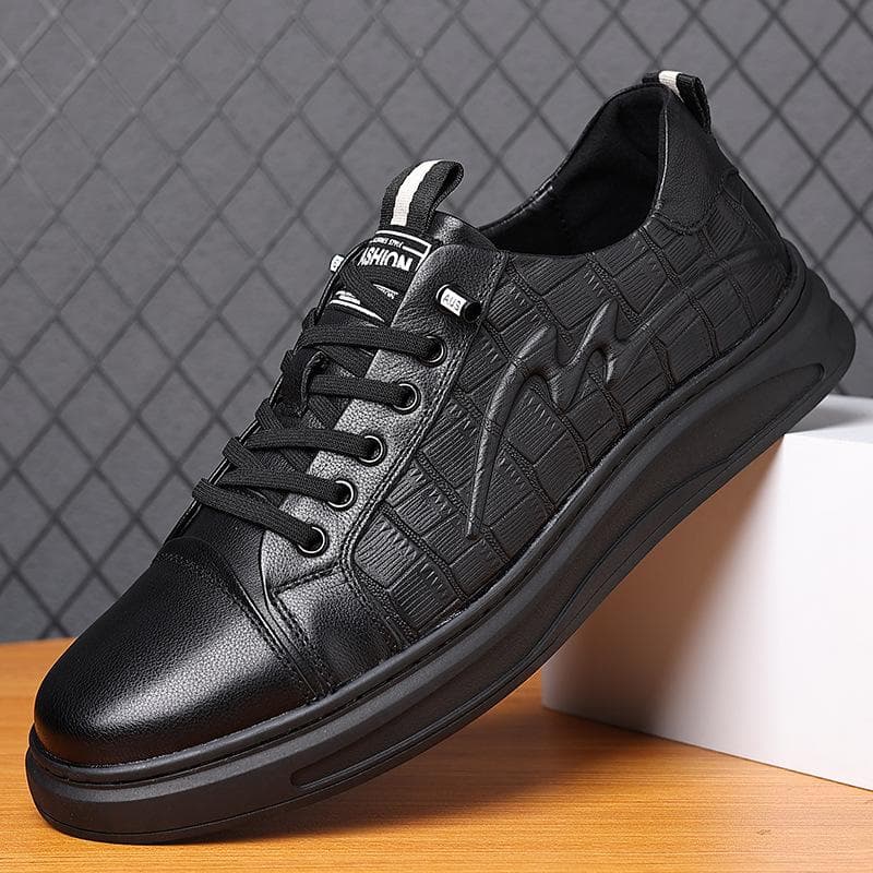 Genuine Black Sneakers Men's Shoes Trendy Shoes Spring New Head Layer Cowhide Printed Casual Leather Shoes Men's Shoes 44