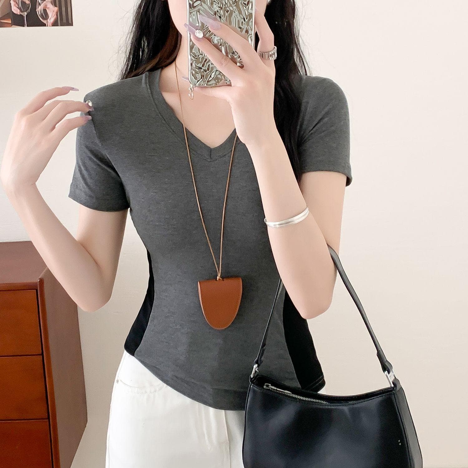Black Slim V-neck Pure Short-sleeved Top for Front Shoulders and Waist Slim T-shirt for Women's Summer New Style XXL grey