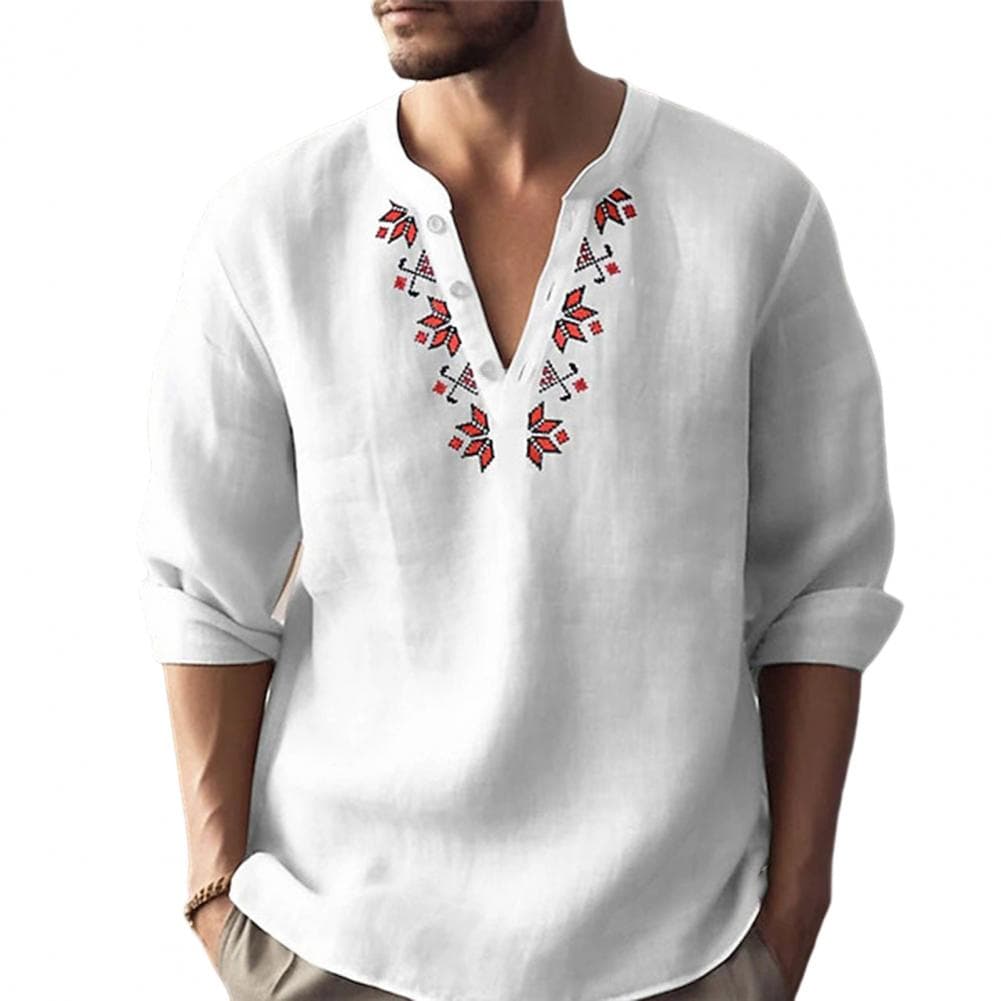 Men Geometric Print Buttons Neckline Shirt Tops V-neck Long Sleeve Loose Fit Solid Color Thin Pullover Tops Workwear XL white