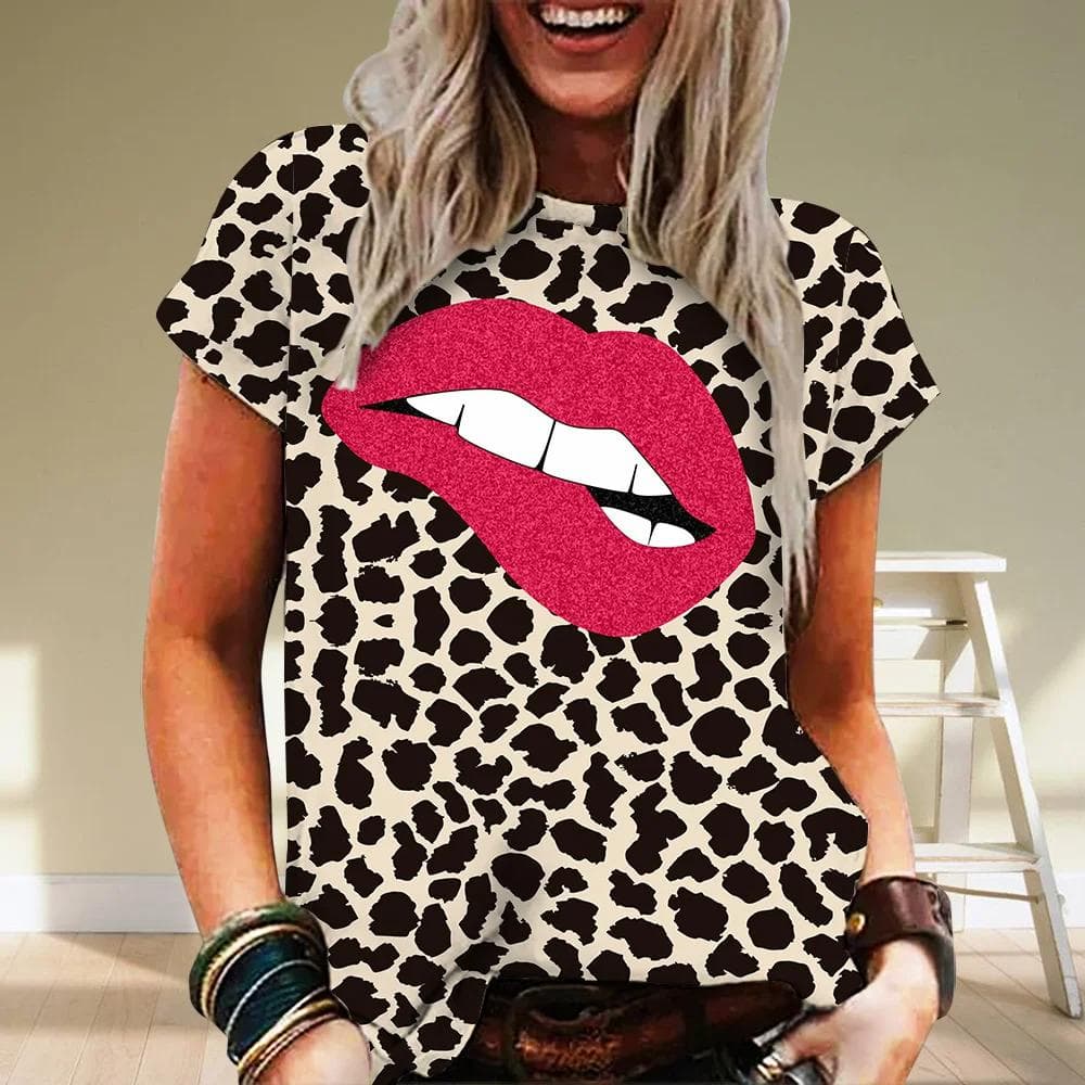 Summer Women Leopard Short Sleeve O-neck Loose T Shirt Fashion Sexy Lips 3d Print Women Ladies Street T-shirt Top 6XL