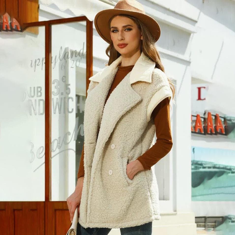 Fall and Winter Women Loose Sleeveless Suit Collar Double-breasted Double-sided Velvet Jacket Vest 2XL apricot