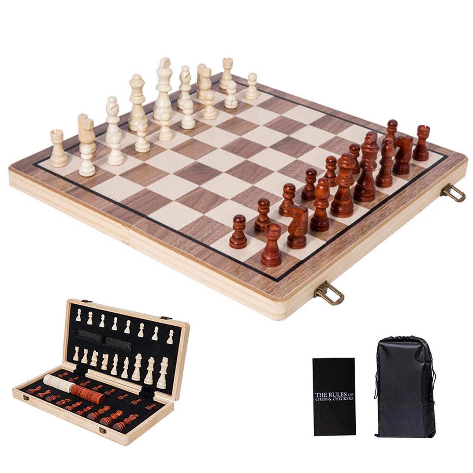 2 In 1 Magnetic Wooden Chess Checkers Set Portable Travel Chess Board Game with Folding Chess Board multicolour