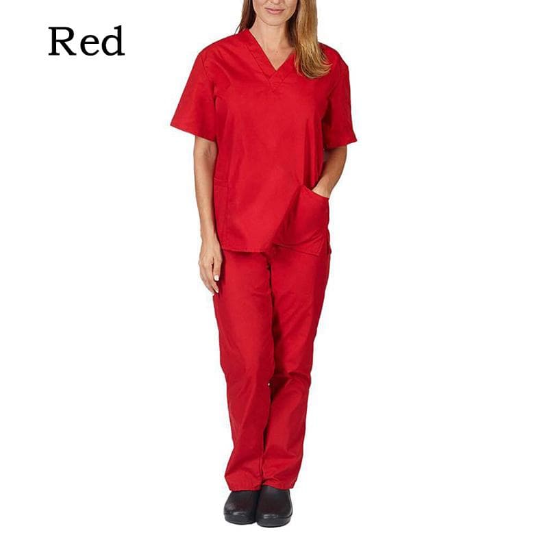 Two Piece Set Scrub Suit Nursing Uniform Set Tops+Pants V-neck Short Sleeved Fast-drying Suits S red