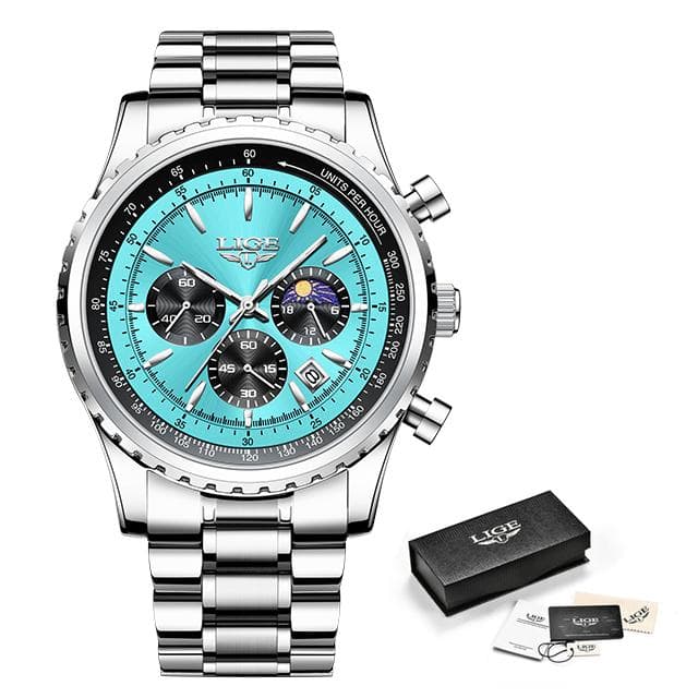2023 LIGE Top Brand Luxury New Men Watch Quartz Man Watches Waterproof Luminous Watch for Men Date Chronograph Sport Wristwatch blue/silver