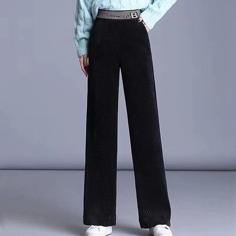 Fleecing Plush Thick Warm Letter Stripes High Waist Corduroy Straight OL Wide Leg Long Pant Women Winter Casual Trouser Clothing M black