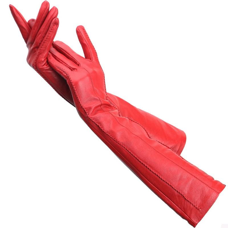 High Quality Ladies color Lambskin Leather Gloves length 47cm Winter Warm Fashion long gloves 8 red