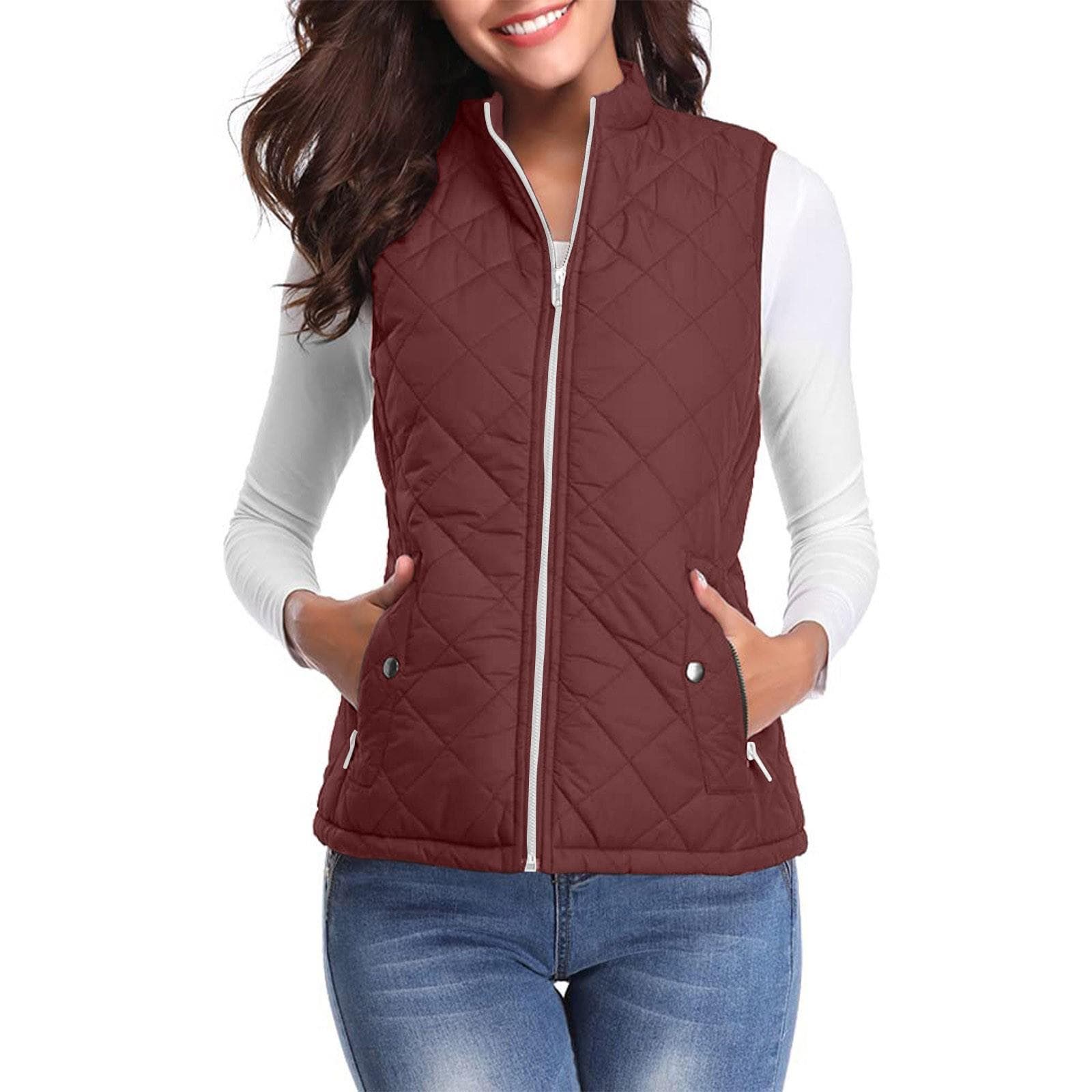 Women's Fashion Casual Solid Color Stand Collar Zipper Pocket Warm Cotton Vest Coat XL coffee