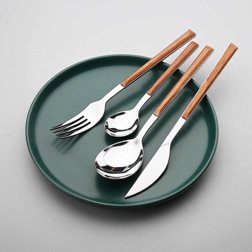 16 Pcs Stainless Steel Dinnerware Sets Glossy Silver Wooden Tableware Western Food Knife Fork Teaspoon Flatware Cutlery Set