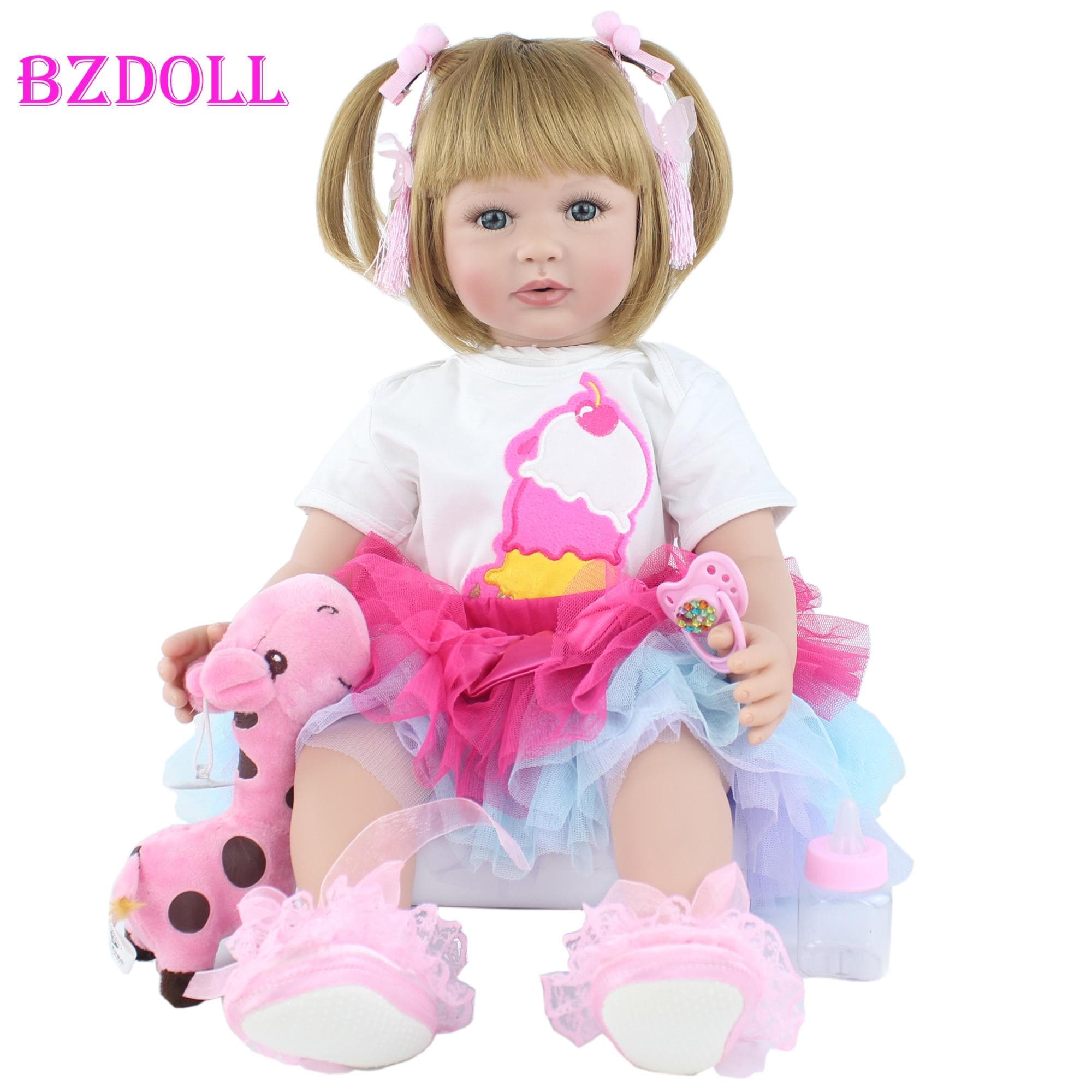 BZDOLL Special Offer 60cm Silicone Reborn Toddler Babies Doll Like Real Princess Blonde Bebe Kid Birthday Gift Dress up Toys 60cm Doll, Blue eyes