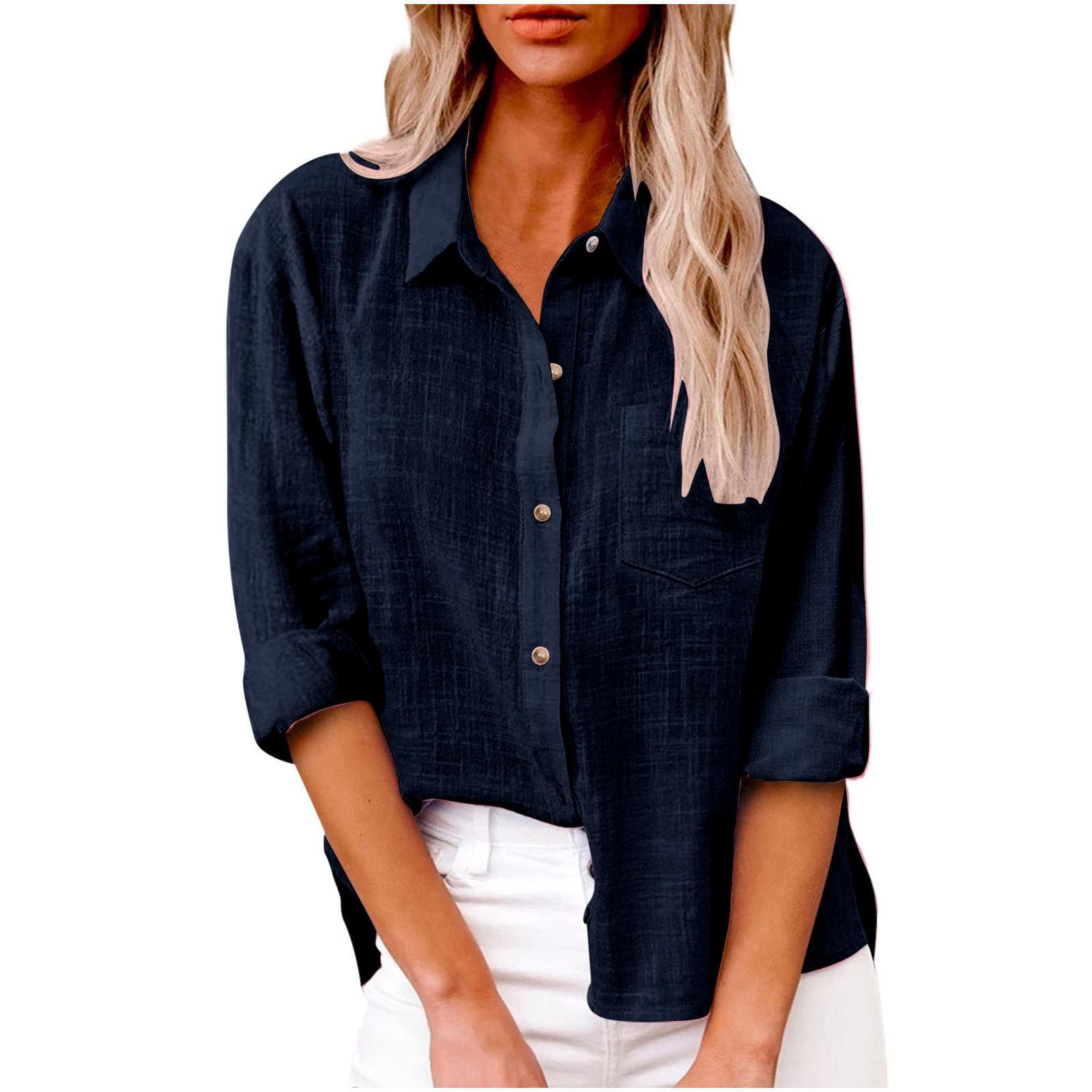 Thin Fabric Spring Autumn Pocket Split Long Sleeve Blouse Women's Breathable Soft Top Plus Size Cotton Linen Shirt M navy blue