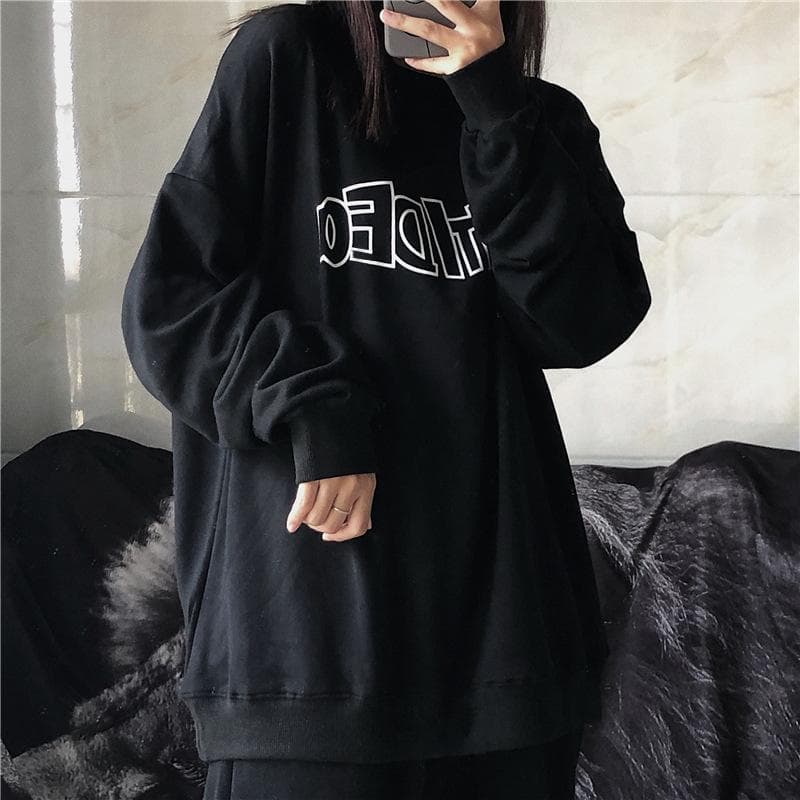 Autumn New Loose Letter Printing Crew Neck Long-sleeved Sweater Female Student Thin Coat 2XL black