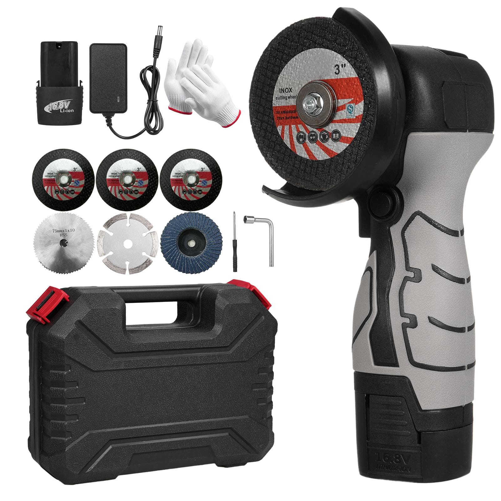 Cordless Angle Grinder 7000RPM Electric Grinding Tool Mini Grinder with 2Pcs 16.8V 2000mAh Battery US Plug & 6 Blades black