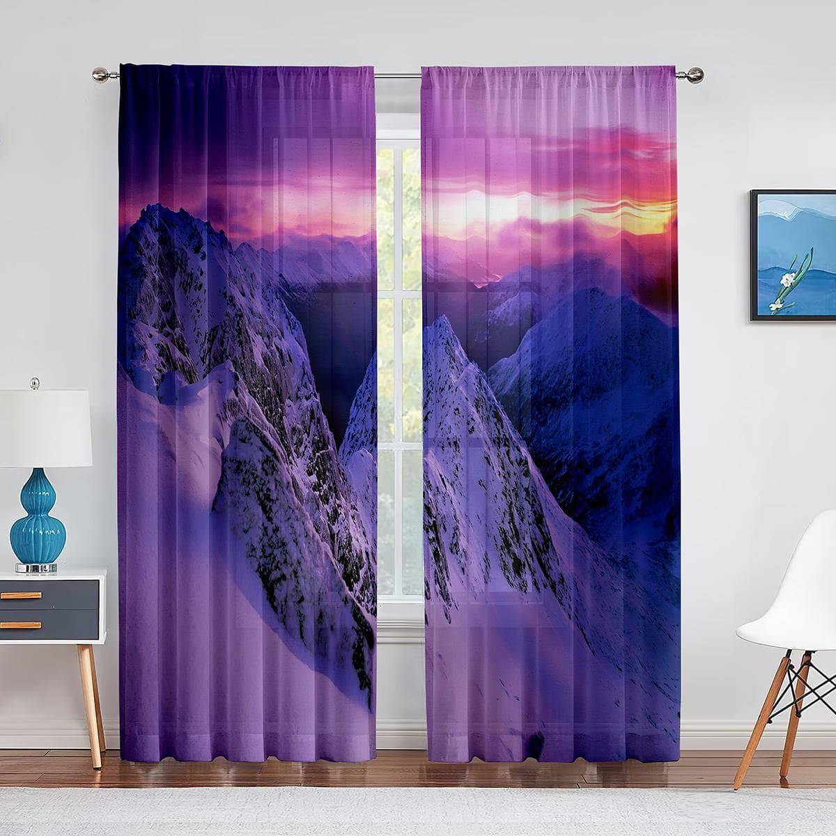 Snow Mountain Dreamy Dusk Scenery Sheer Curtain for Living Room Bedroom Voile Drape Kitchen Window Tulle Curtains Home Essential 1 PCS W100XH250cm&Grommet Top