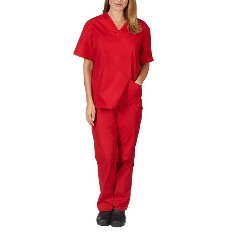 Medical Nursing Working Uniform Set for Men and Women Short Sleeve V-neck Solid Color Tops+Pants Scrub Suit XL red