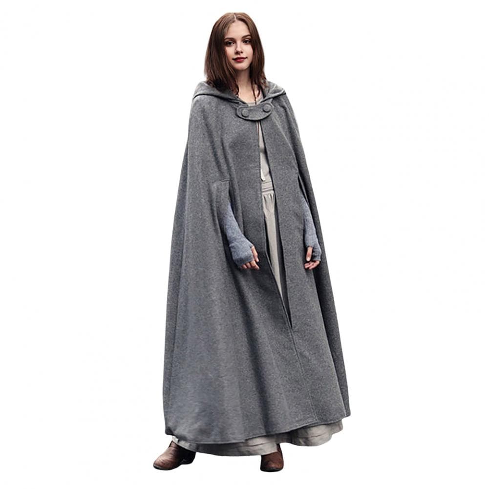 Winter Women Jacket with Hood Medieval Retro Cape Gothic Keep Warm Shawl Ankle Length Loose Cloak Thick Single Button Closure Ou L grey