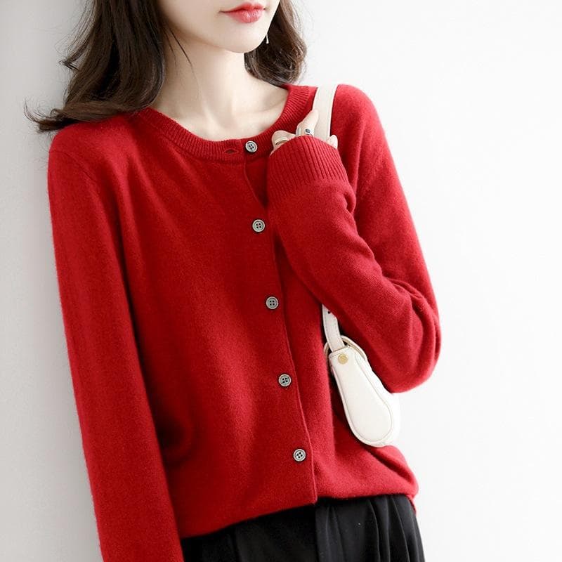 Spring and Autumn knitted sweater women's cardigan jacket solid color round neck Slim knitted outer sweater M wine red