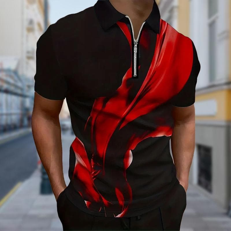Men's Shirt Polo Casual Zip Short Sleeve Fashion Casual Zipper Summer Spring Regular Fit 3D Silk Ribbon Print Shirt 8XL red