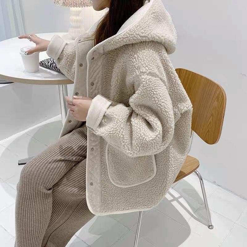 Autumn and Winter New Lamb Wool Piled Thickened Hooded Jacket Women's Korean Version Versatile XL