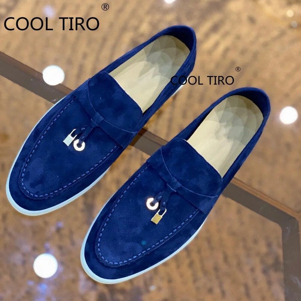 Woman Flat Shoes Slip On Women Loafers Leather Metal Lock Blue Suede Moccasins Mules Casual Driving Shoe Summer Walk Shoes Femme 40