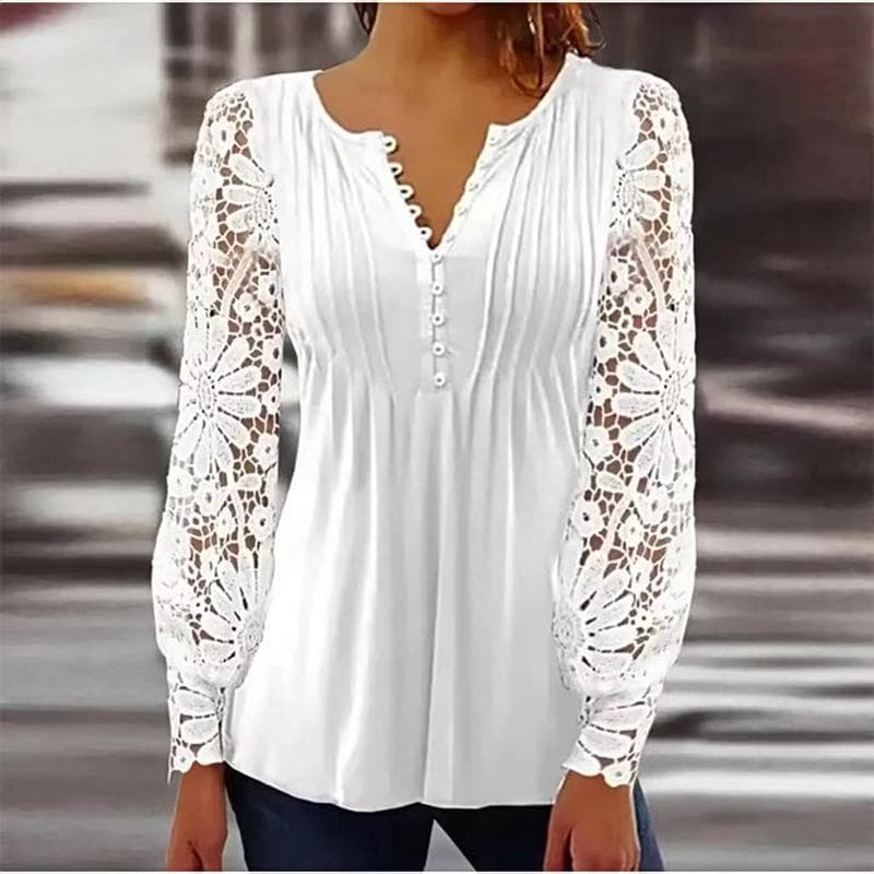 New Spring Women's Elegant Lace Long Sleeve Floral Printed T-shirt Summer Slim V Neck Button Shirts Fashion Casual Plus Size Top S-5XL S white