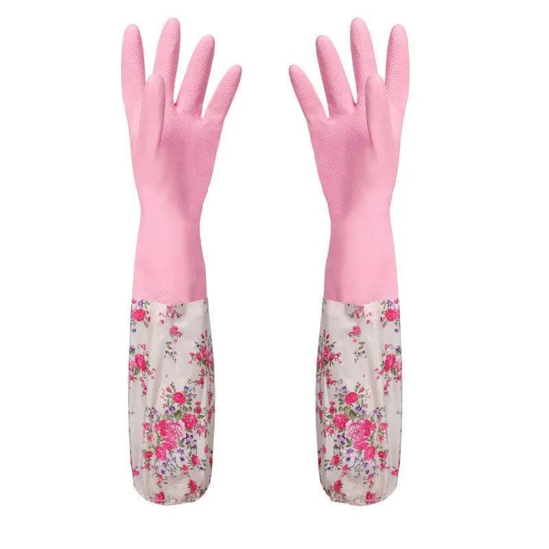 Flower Rubber Velvet Long Gloves Household Antiskid Washing Cleaning Dish Velvet style