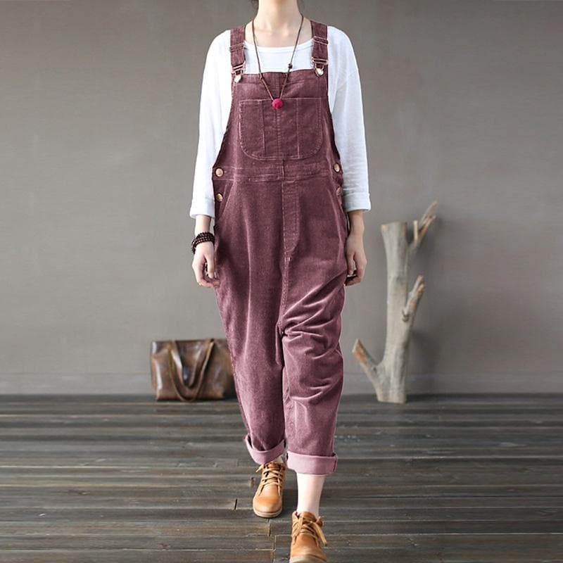Vintage Women Corduroy Overalls Dungarees Solid Color Bib Pants Sleeveless Loose Jumpsuits Rompers XXXL red