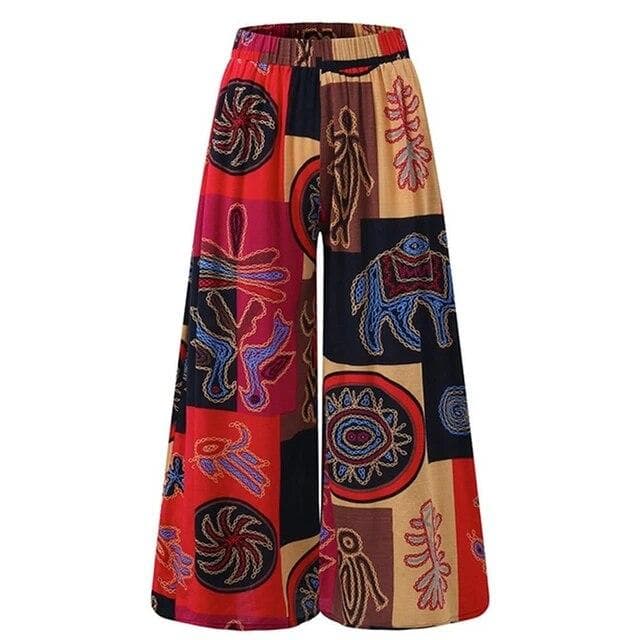 Women's Wide Leg Boho Harem Pants Gypsy Hippie Indian Thailand Bohemian Palazzo Pants Smocked Waist Aladdin Trousers shirt M red