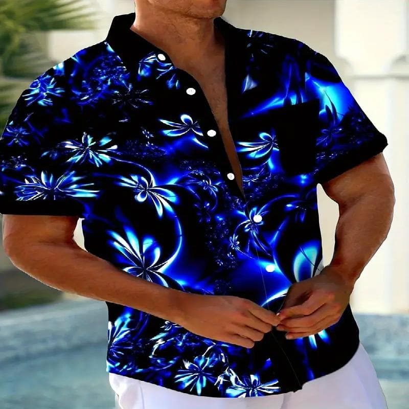 Men's Hawaiian Gradient Art Flower 3D Printed Short Sleeve Shirt with Collar Regular Edition Summer Leisure Beach and Entertainment Activities L blue