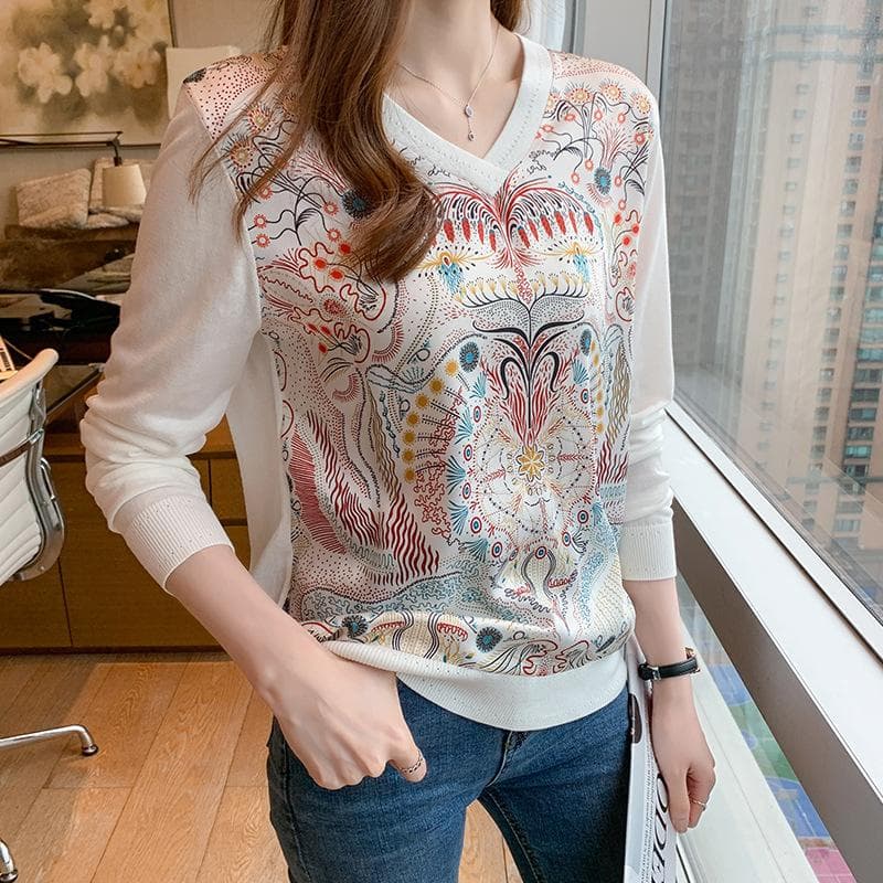 New Autumn Printed Lyceler Long-sleeved Sweater Women's Satin Top Casual Chiffon Shirt 2XL