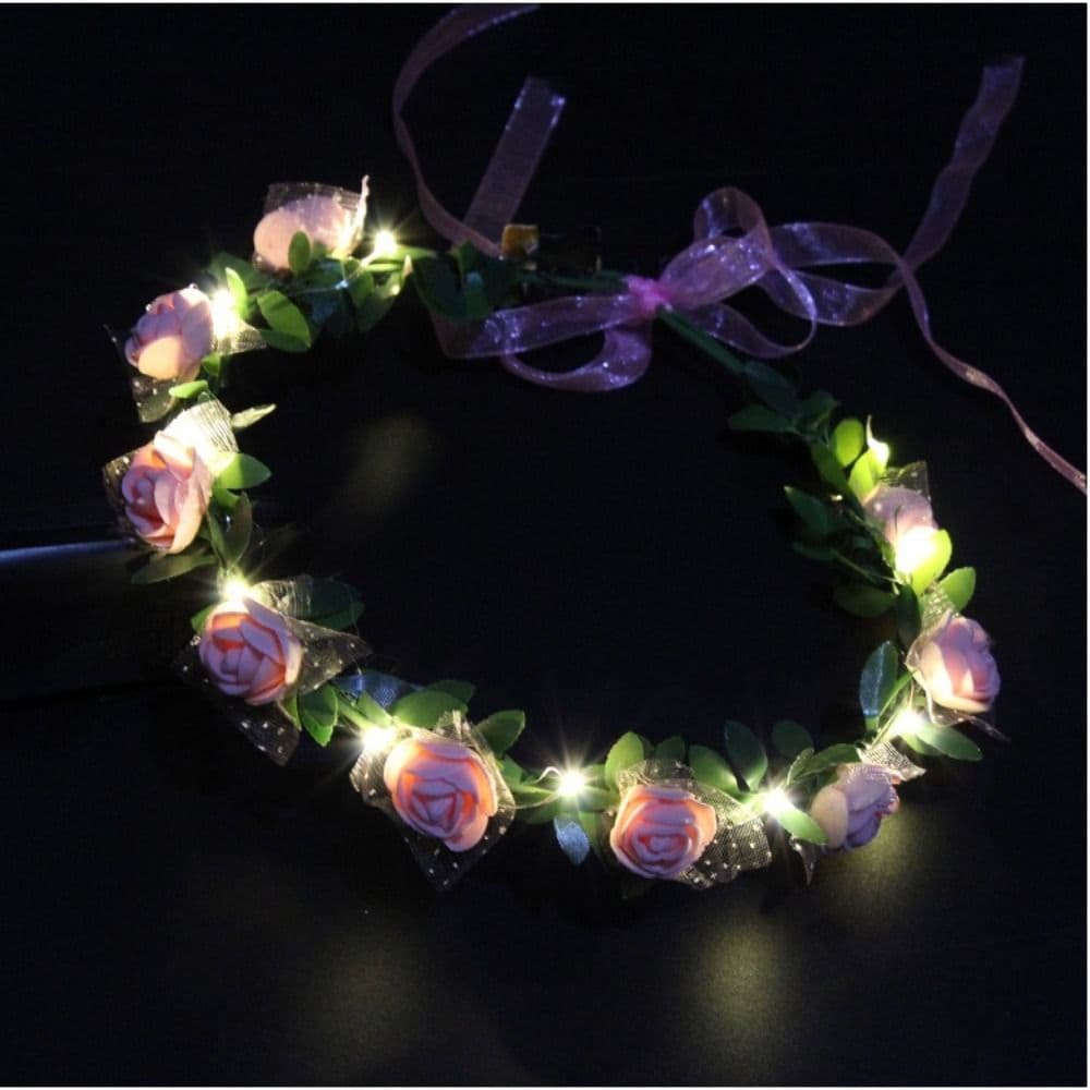 Flower Luminous Wedding Wreath Decoration LED Light Garland Women Headwear Crown Flower Headband light pink
