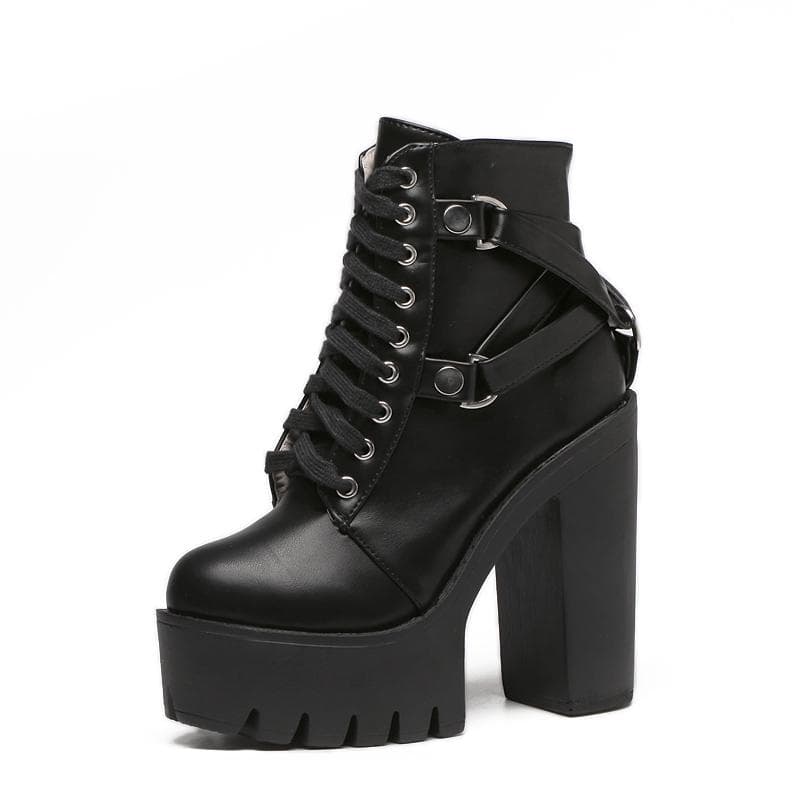 Fashion Black Boots Women Heel Spring Autumn Lace-up Soft Leather Platform Shoes Woman Ankle Boots 38 black