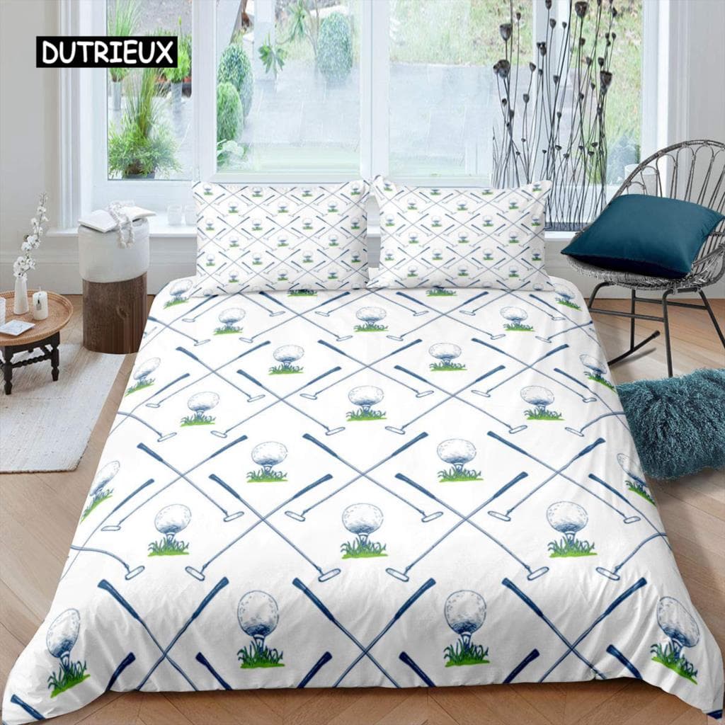 Golf Duvet Cover Set Golf Club Athlete Twin Bedding Set Microfiber Grass Leaf Branches Sports Game Theme Double King Quilt Cover EU single(135x200cm)