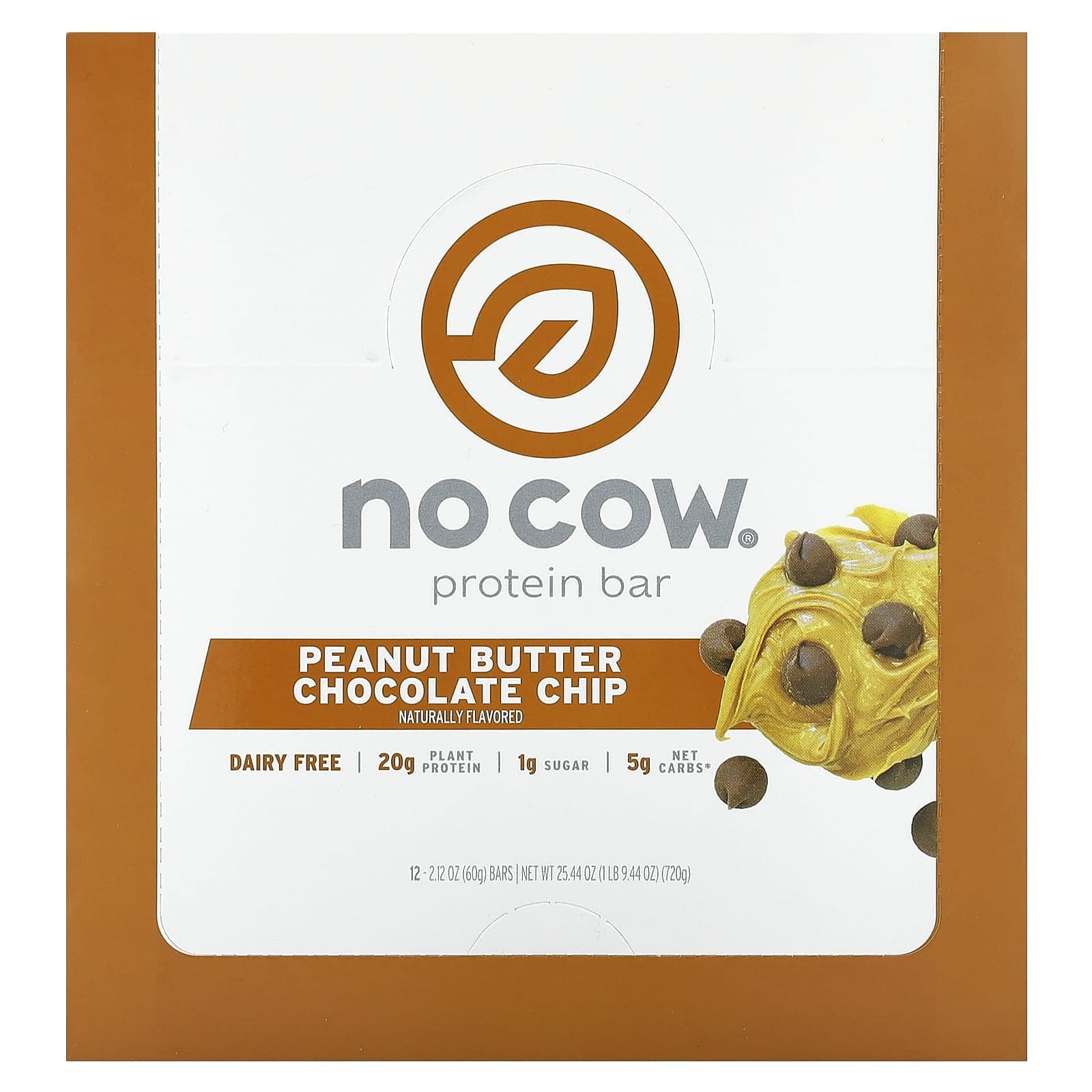 No Cow, protein bar, peanut butter chocolate chip, 12 packs, 2.12 oz (60 g) each
