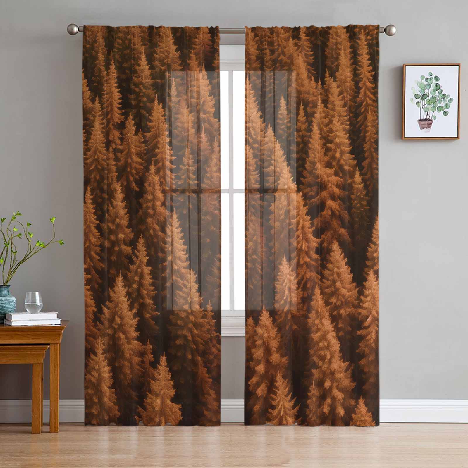 Wallpaper Forest Tree Autumn Tulle Window Curtains for Bedroom Luxury Home Decor Drapes in Living Room Chiffon Panels 135W x 114H(cm)