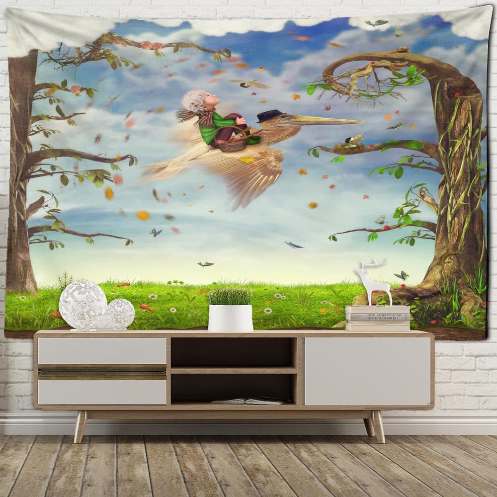Boy And Toucan Illustration Tapestry Wall Hanging Cartoon Kawaii Children's Room Home Decor Background Cloth 95x70cm