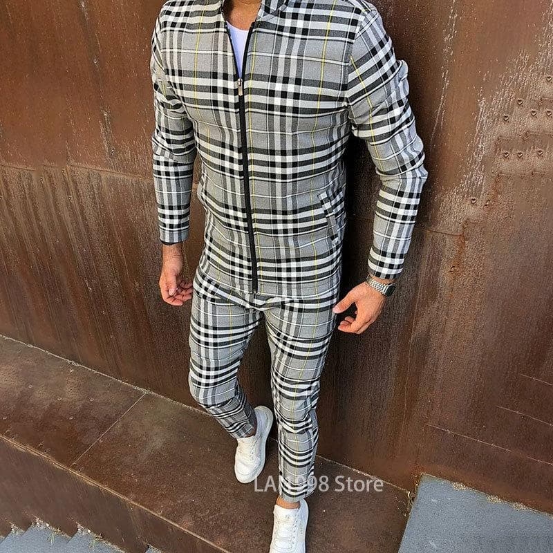 2024 Male Spring Autumn 3D Plaid Jacket Male Suit Casual Clothing Man Sets+Pants 2 Piece Sets Fashion Men's Tracksuit Sportswear XL
