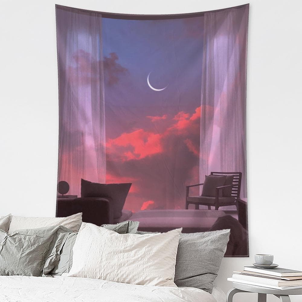 Sunset Window Scenery Tapestry Wall Hanging Bohemian Modern Landscape Art Dormitory Living Room Home Decor 95x70CM