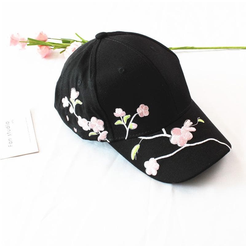 Korean Flower Embroidery Baseball Caps Women Girl Cute Plum Outdoor Long Brim Sun Visor Hats Cotton Adjustable Sports Cap black