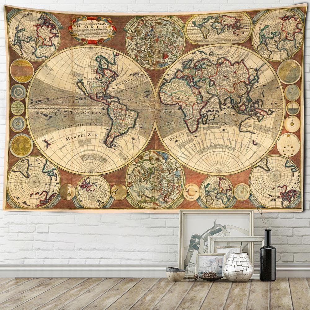 World Map Tapestry Wall Hanging Watercolor Map Letter Polyester Tablecloth Beach Towel Bohemian Hippie Room Decor 95x70cm