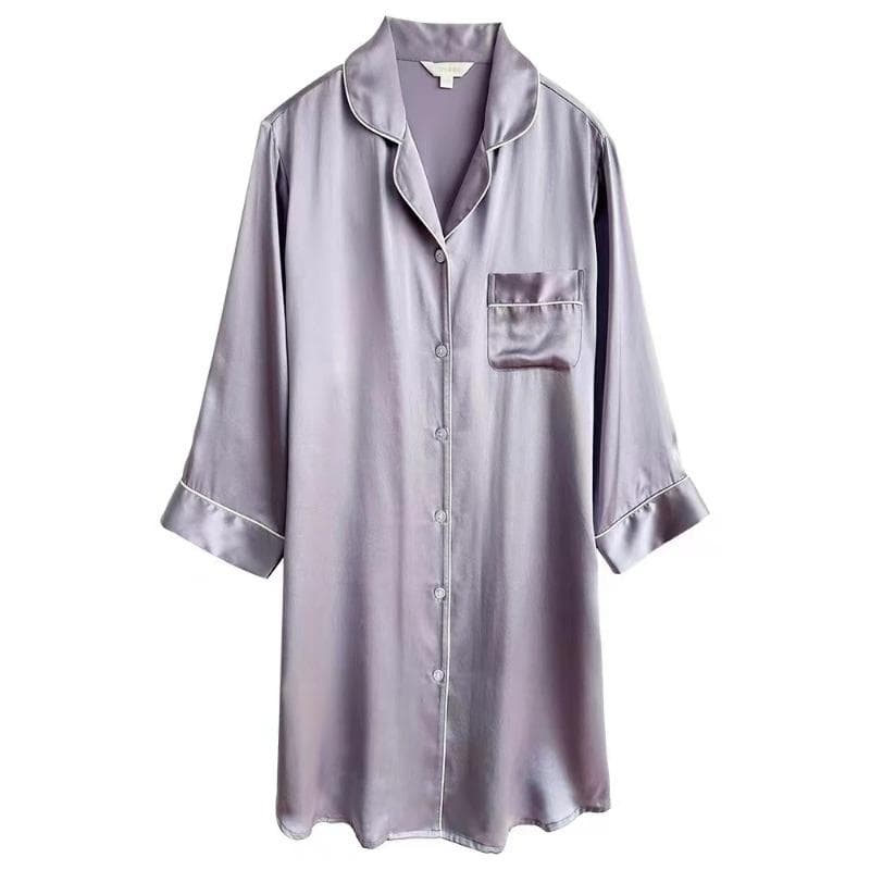 100% Mulberry Silk Dress Luxury Pure Silk Solid Color Classic Button Up Nightshirt L purple