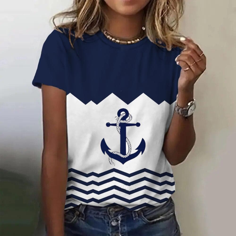 Summer Women T Shirt 3d Print Boat Anchor Print Fashion O Neck Short Sleeve Tees Tops Pullover Women's Casual Loose T-Shirt Y2k Clothing XL