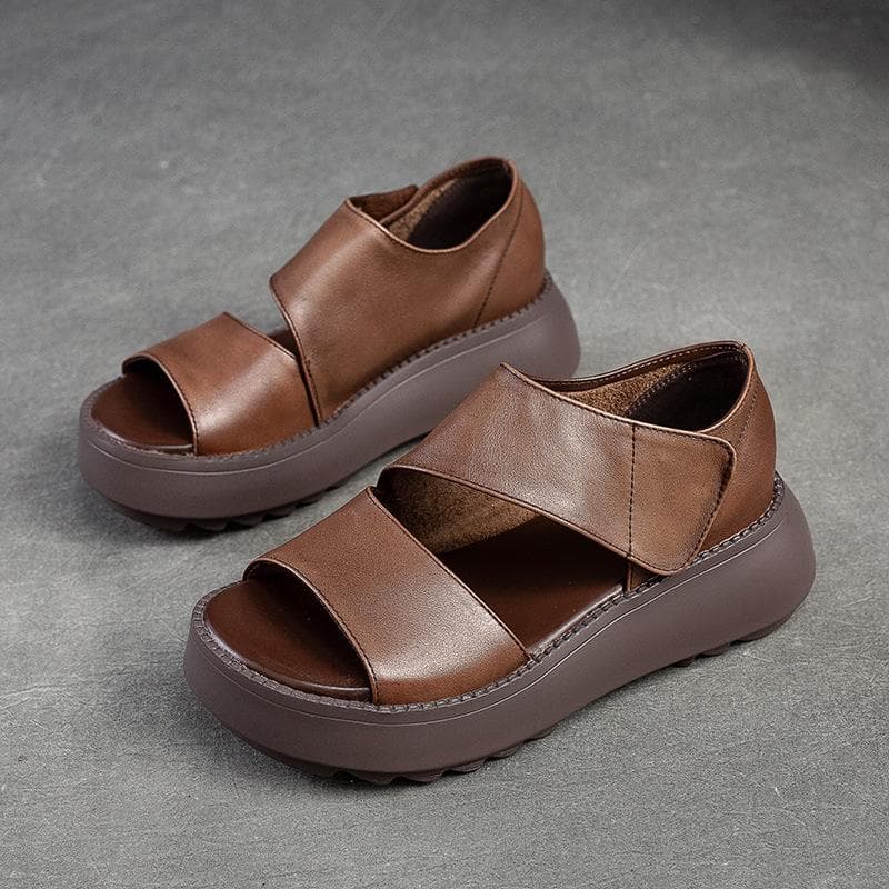 Johnature Women Sandals Thick Sole Peep Toe Platform Shoes Genuine Leather Vintage Comfortable Sandals 40 auburn
