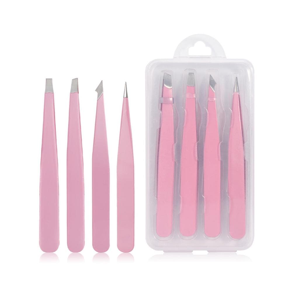 Eyebrow Tweezers Set with Storage Case 4PCS Daily Beauty Tools for Eyebrow Makeup & Hair Removal pink