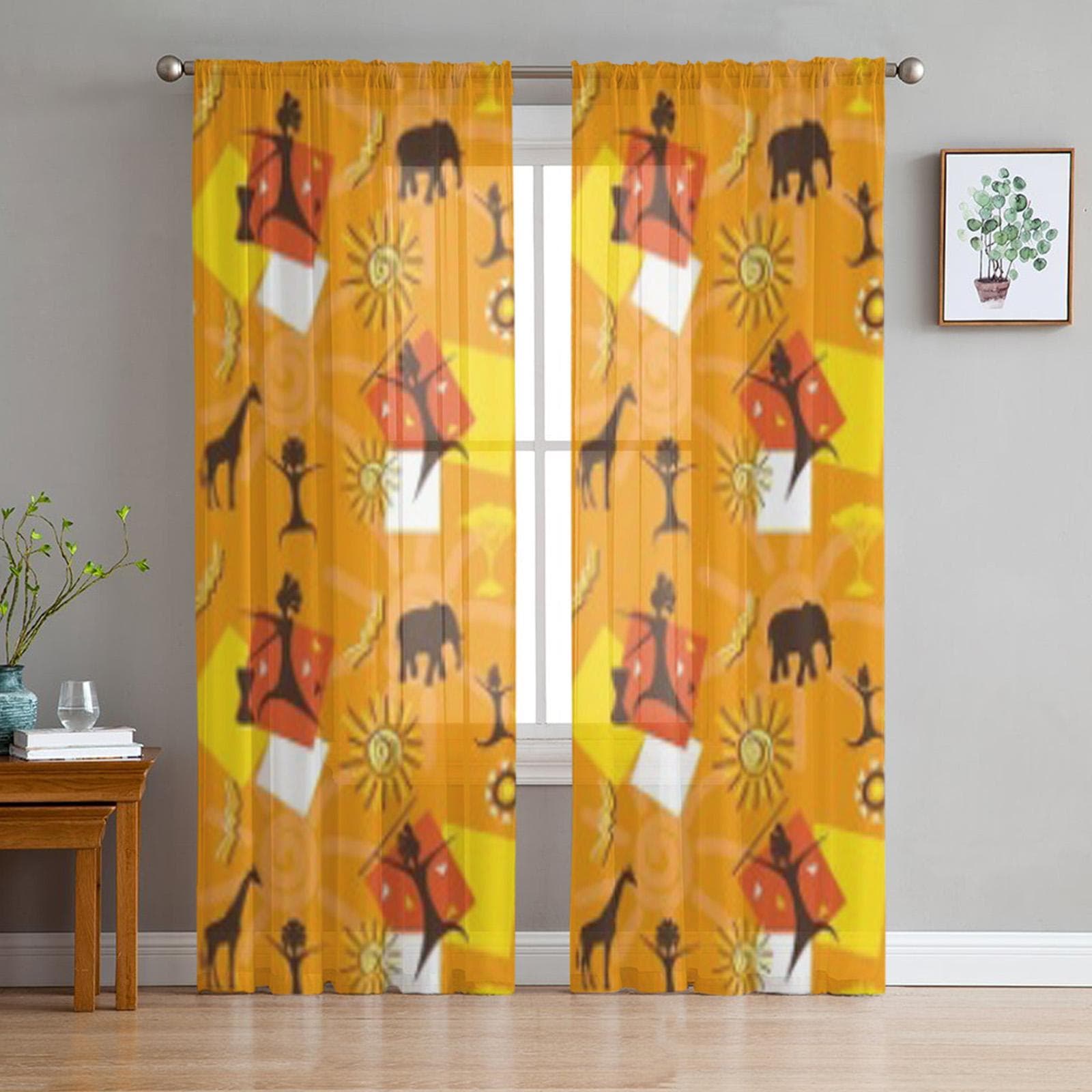 African Elephant Giraffe Tulle Sheer Curtains for Living Room the Room Bedroom Kitchen Decoration Voile Organza Curtains 135W x 114H(cm)