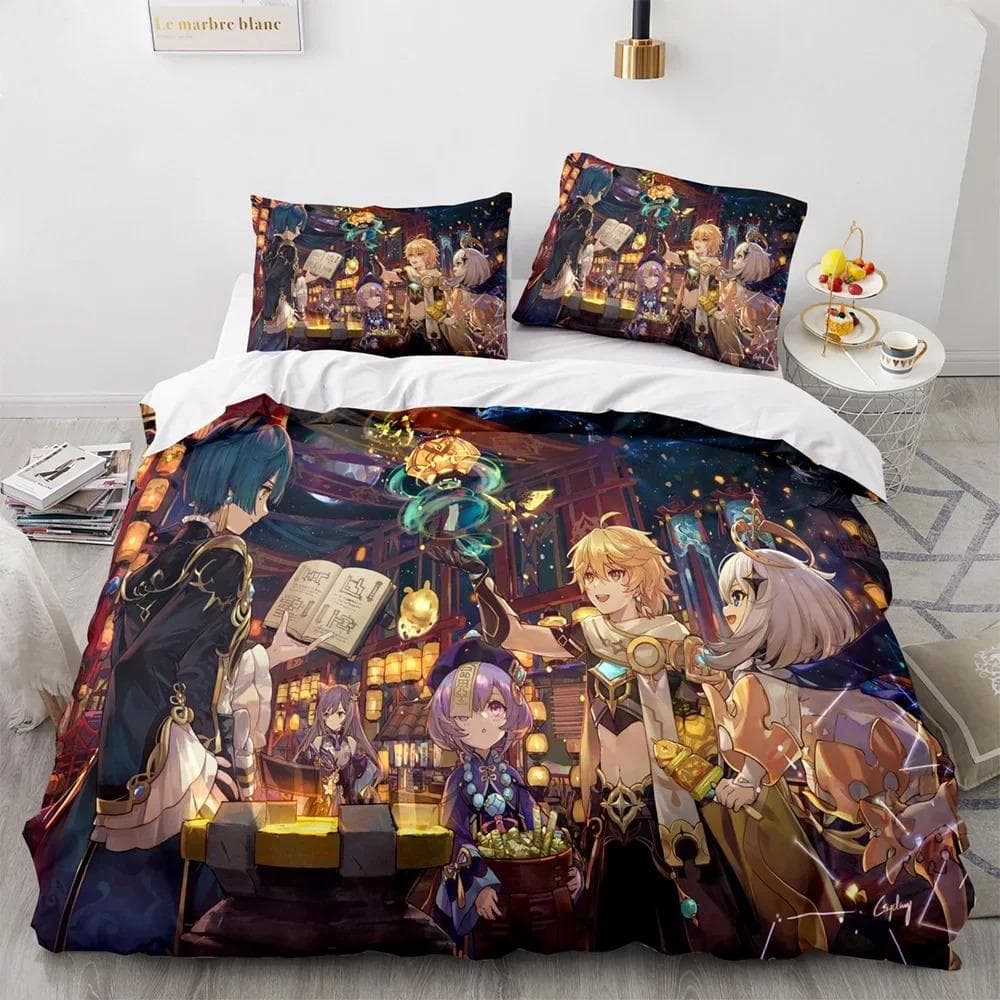 Game Genshin Impact Comforter Bedding Sets Quilt Bed Cover Duvet Cover Pillow Case 2-3 Pieces Sets Boys Adult Size EU single(135x200cm)
