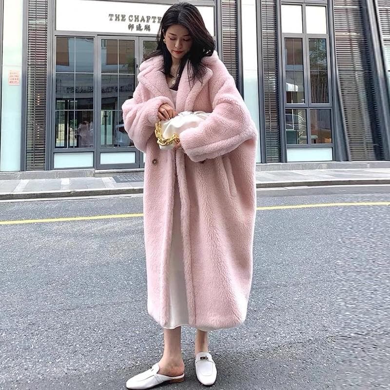 Long Teddy Bear Jacket Coat Women Winter Thick Warm Oversized Chunky Outerwear Overcoat Women Faux Lambswool Fur Coats XXL light pink