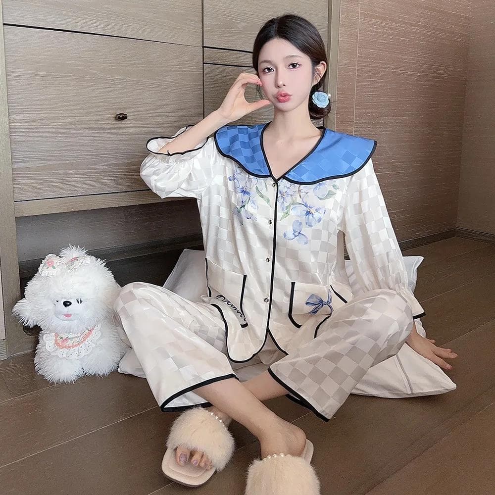 Autumn Fashion New Sweet Lovely Pajamas Women's Square Plaid Doll Collar Comfortable Home Clothes XL blue