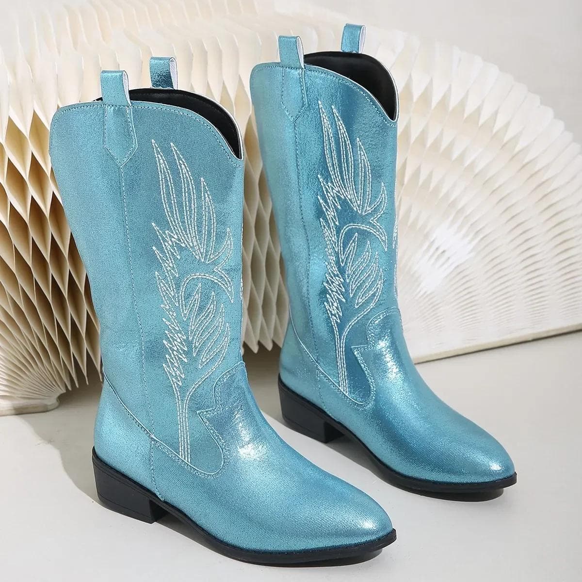 Fashion Women Fashion Slip on Knight Boots Ladies Autumn Winter Thick Sole Knight Boots Pointed Toe Square Heel Embroidered Cowboy Boots 42 light blue
