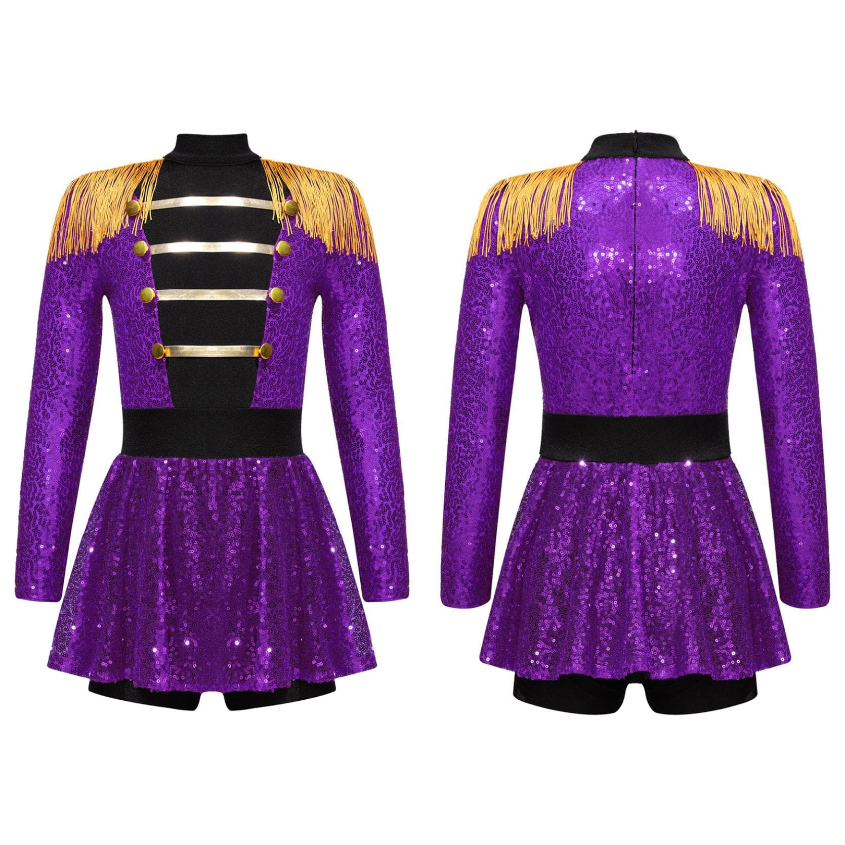 Kids Girls Halloween Party Circus Ringmaster Costume Shiny Sequined Tassel Gymnastics Leotard Dress Dancewear 13-14 Years purple